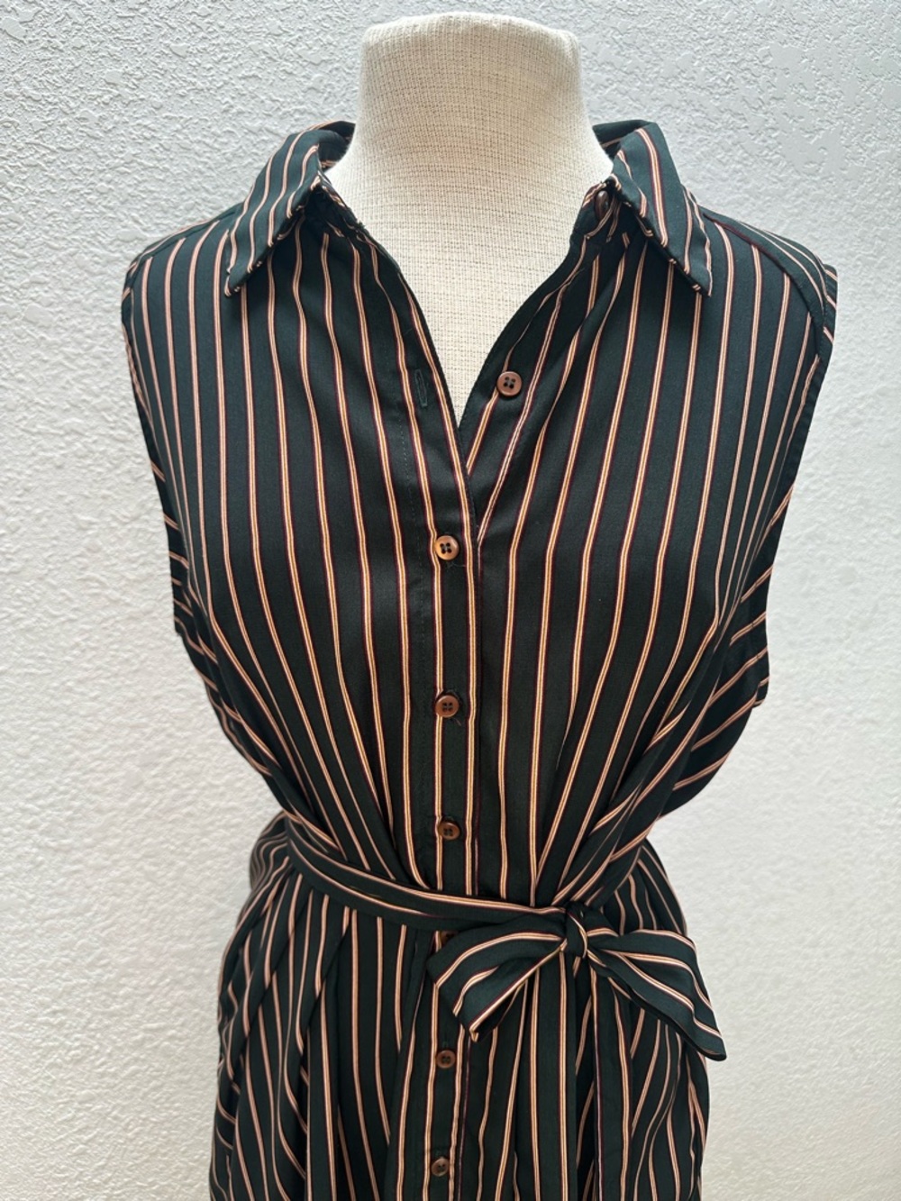 Sleeveless Green Shirt Dress with Tan Vertical Pinstripes and Self-Tie Waist